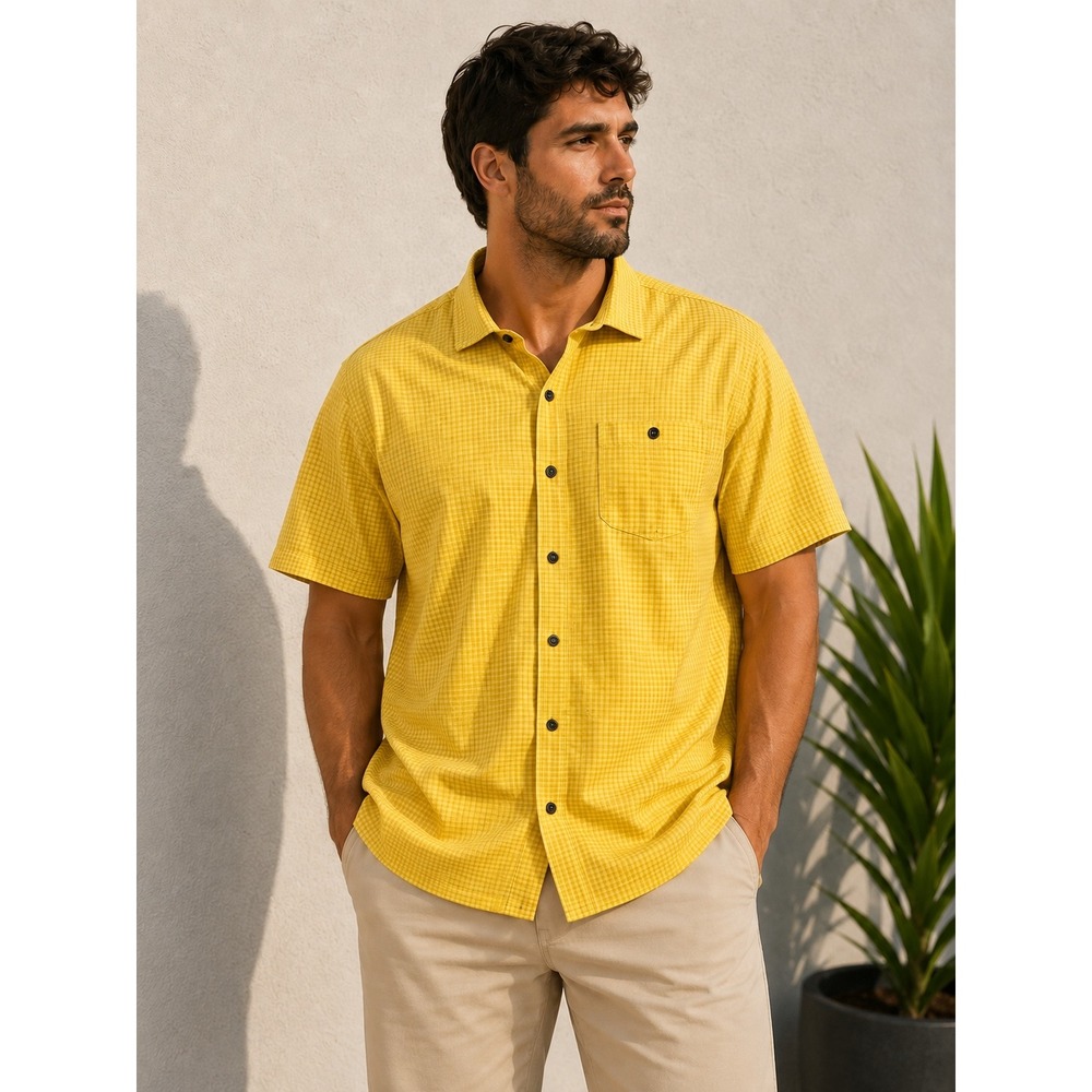Royal Robbins Mens XXL Yellow Gingham Short Sleeve Button Up Shirt Seersucker